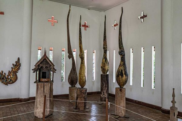 Carved birds that have been sitting on temple roofs Rai Mae Fah Luang, Chiang Rai, Thailand